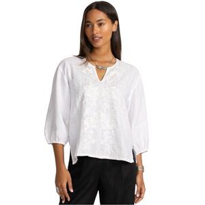 Johnny Was Camille Embriordered Linen Split V-Neck 3/4 Puff Sleeve Blouse XL
